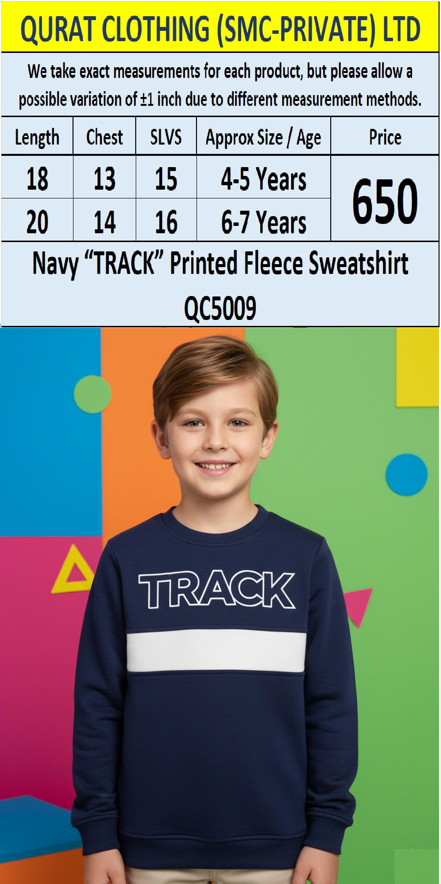 Navy “TRACK” Printed Fleece Sweatshirt for Boys QC5009