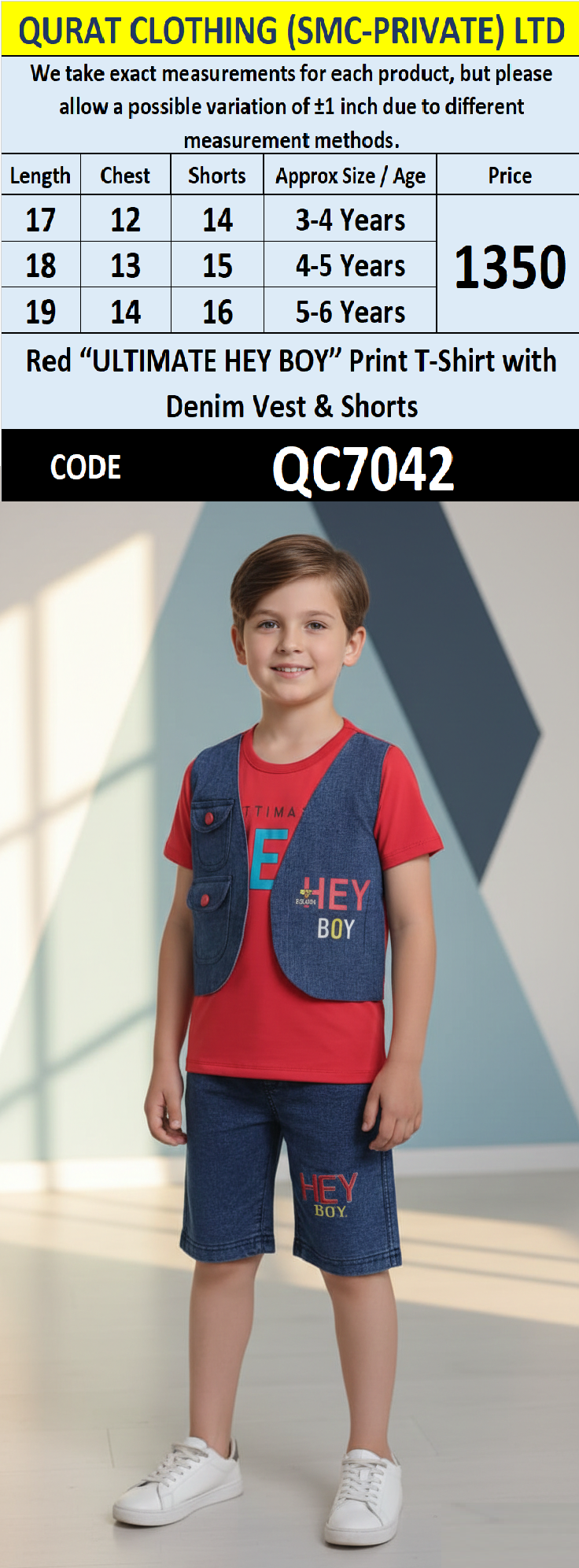 Red “ULTIMATE HEY BOY” Print T-Shirt with Denim Vest & Shorts Boys 2-Piece Set QC7042