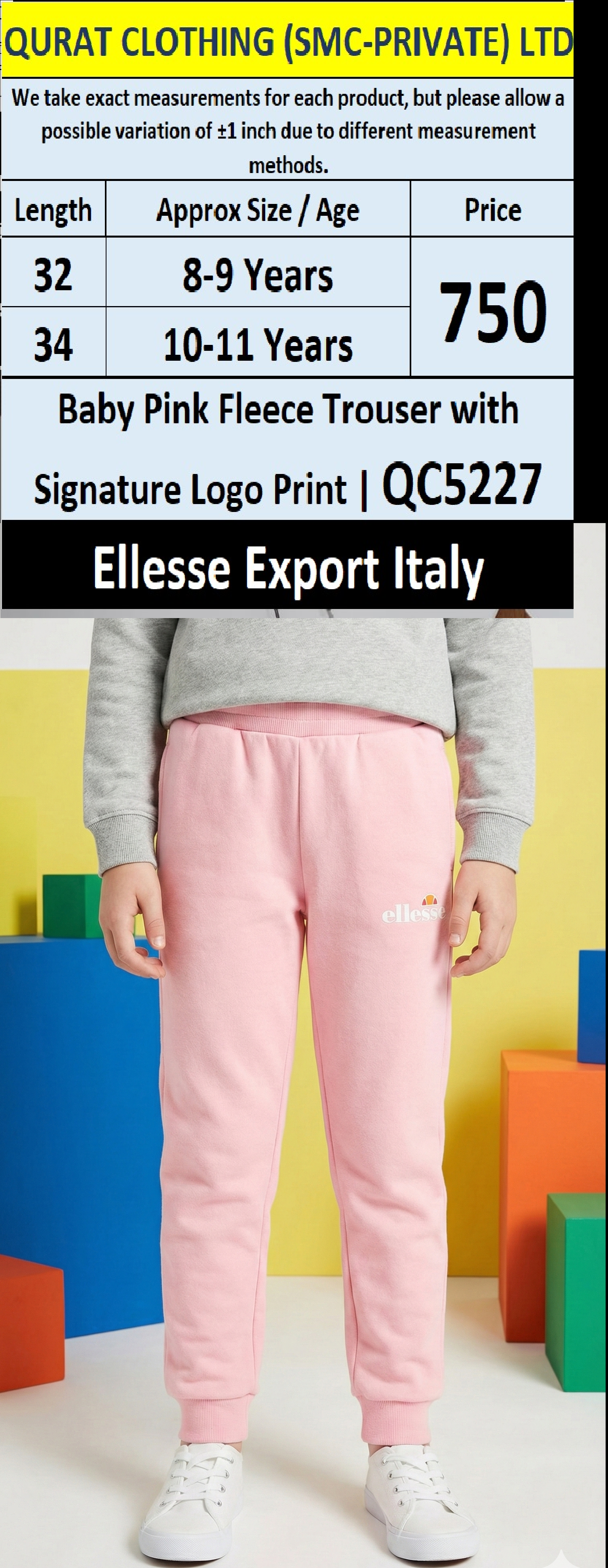 Baby Pink Fleece Trouser with Signature Ellesse Logo Print – QC5227 | Export Italy