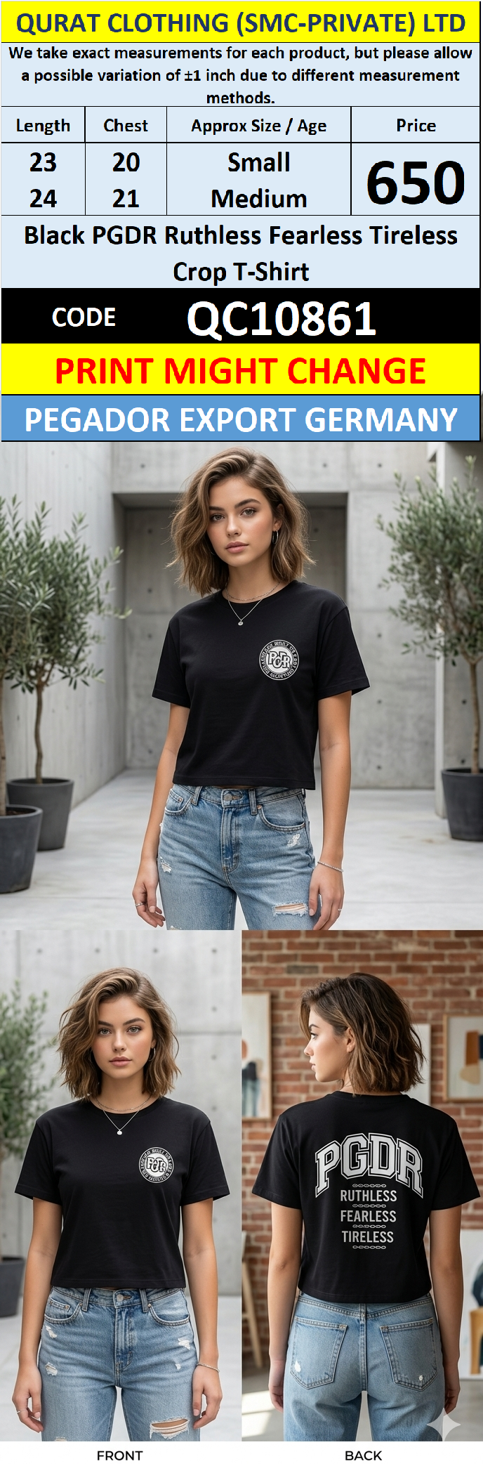 Pegador Export Germany Black PGDR Ruthless Fearless Tireless Crop T-Shirt QC10861