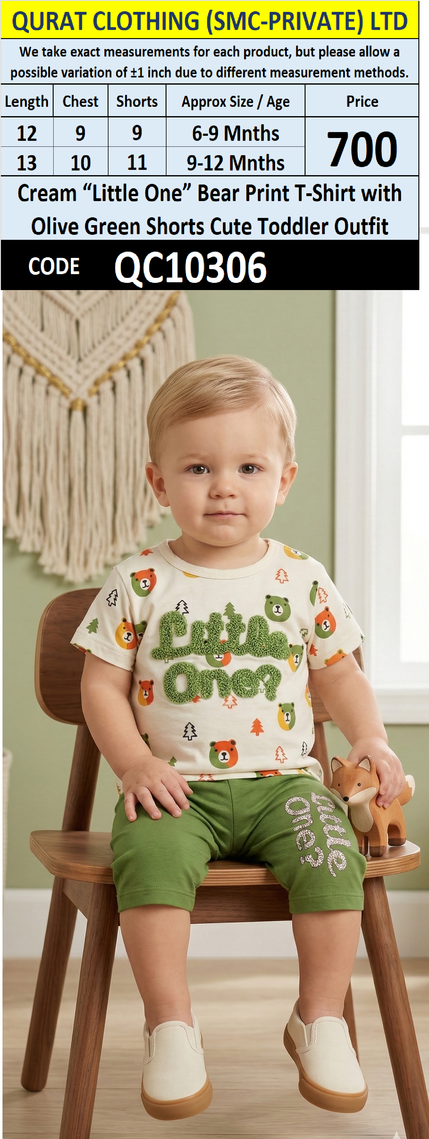Cream “Little One” Bear Print T-Shirt with Olive Green Shorts Cute Toddler Outfit – QC10306