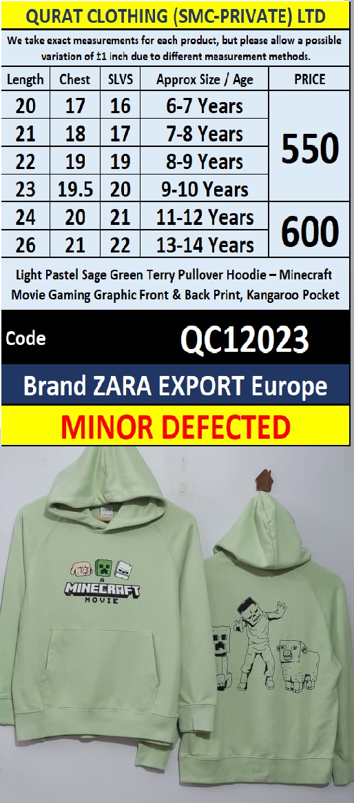 Minor Defected Light Pastel Sage Green Terry Pullover Hoodie – Minecraft Movie Gaming Graphic Front & Back Print, Kangaroo Pocket – Zara Export Europe – QC12023