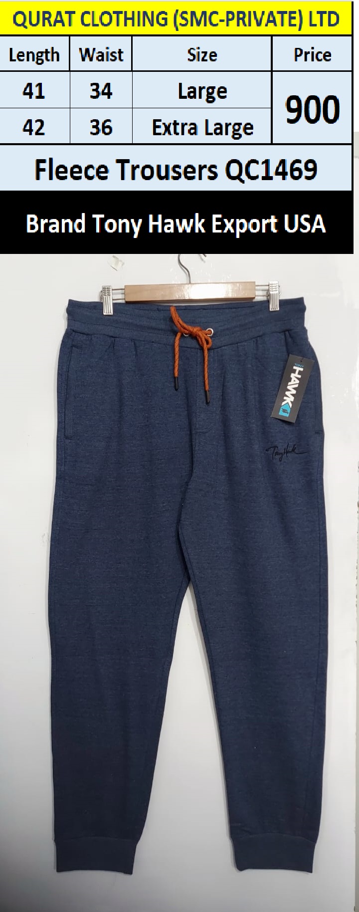 Tony Hawk Brand Blue Fleece Trouser QC1469 Export USA