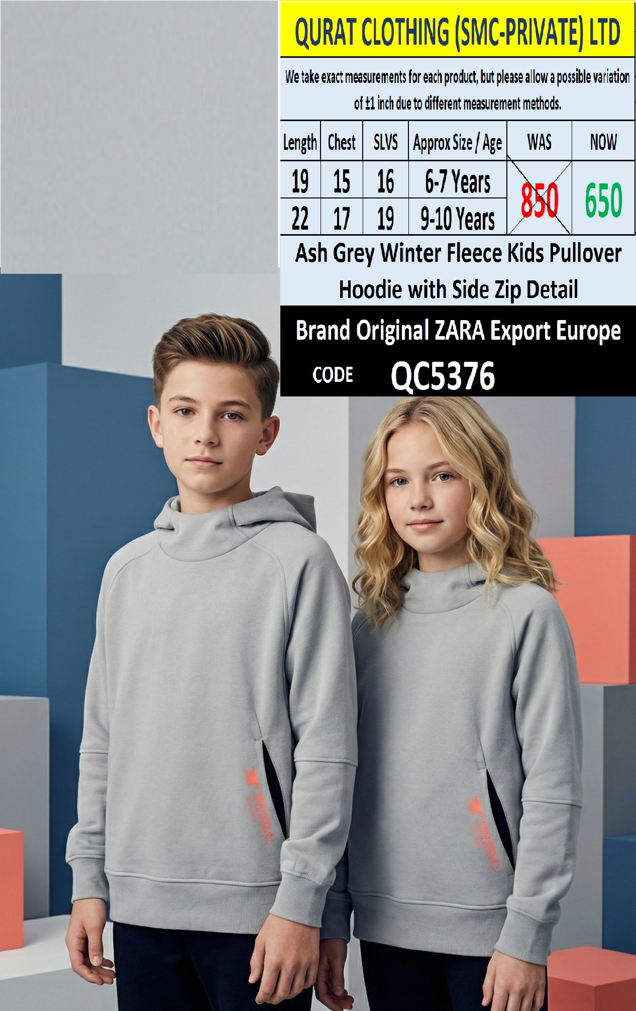 Ash Grey Winter Fleece Kids Pullover Hoodie with Side Zip Detail QC5376 | ZARA Export Europe