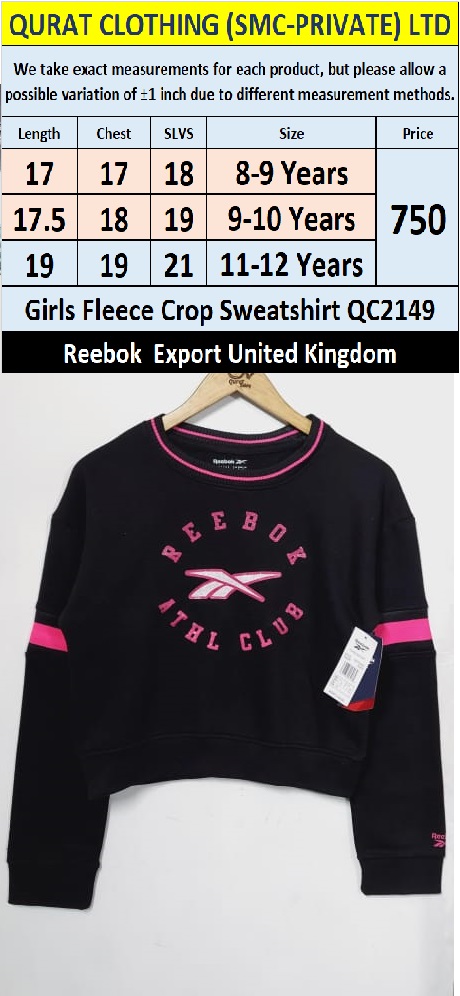 Reebok Brand Girls Fleece Crop Sweatshirt QC2149 Export United Kingdom