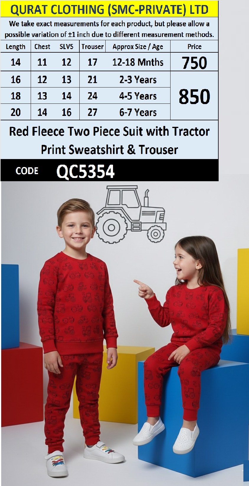 Red Fleece Two Piece Suit Tractor Print Sweatshirt & Trouser QC5354
