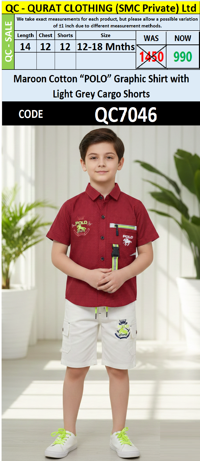 Maroon Cotton “POLO” Graphic Shirt with Light Grey Cargo Shorts Boys Summer Set QC7046