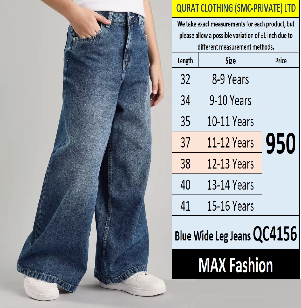 Max Fashion Brand Blue Wide Leg Jeans QC4156 Export UAE