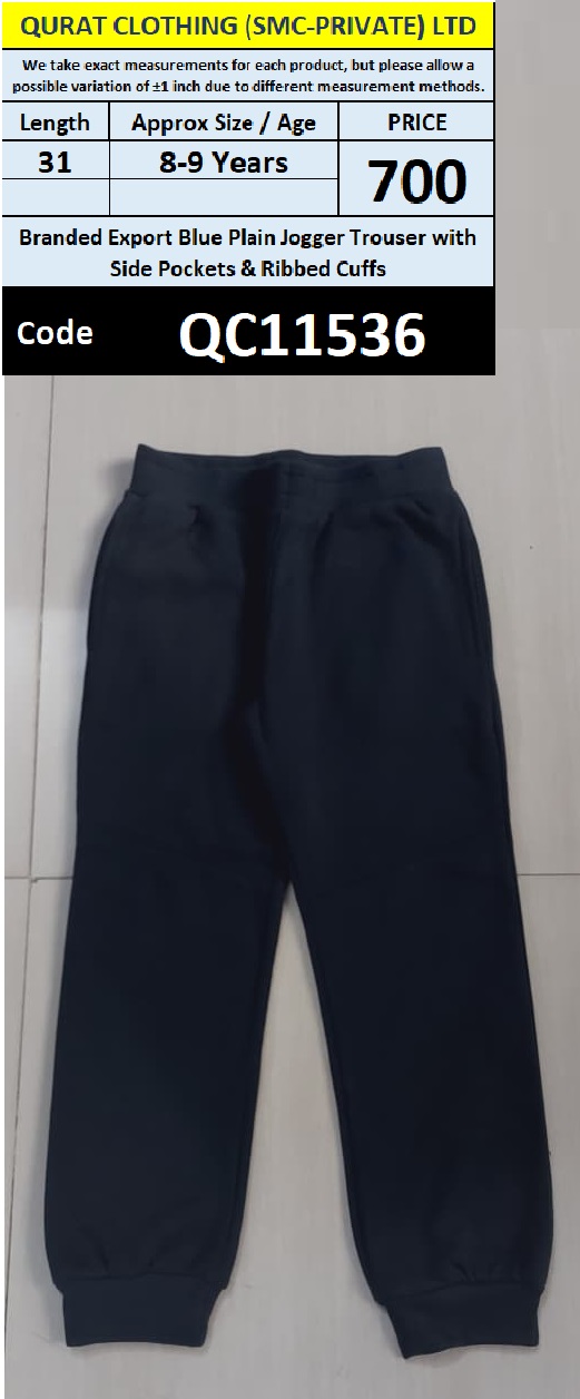 Branded Export Blue Plain Jogger Trouser with Side Pockets & Ribbed Cuffs QC11536