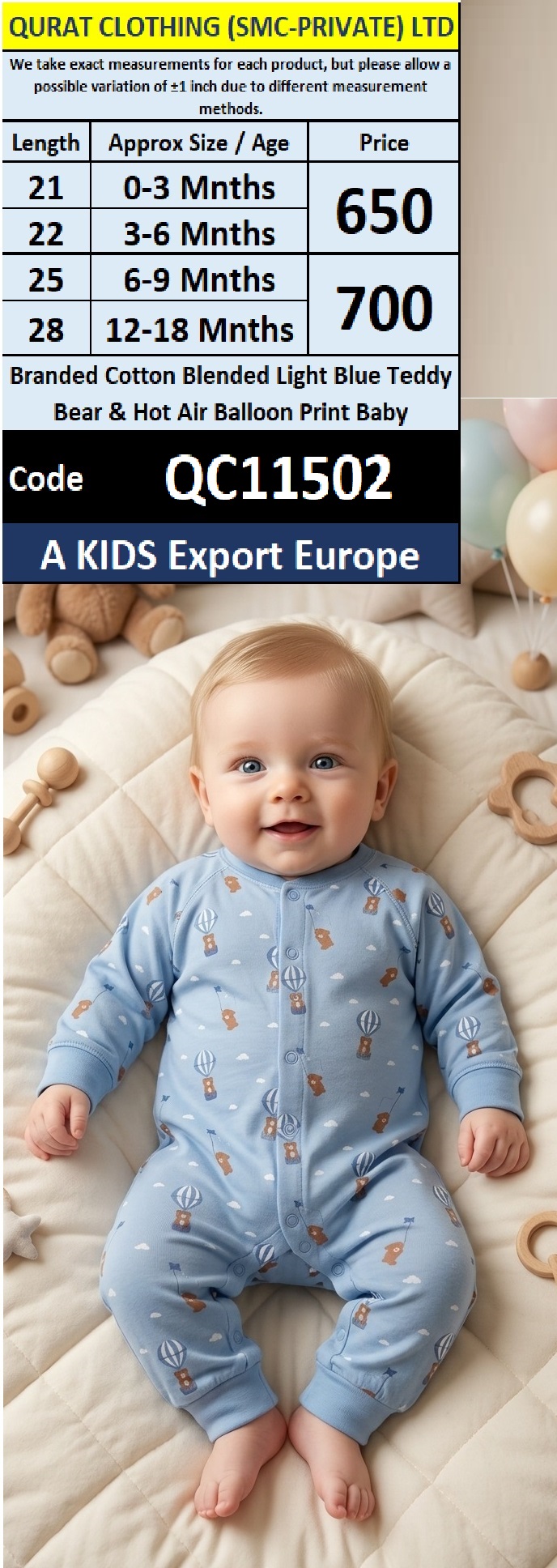 A KIDS Export Europe Branded Cotton Blended Light Blue Teddy Bear & Hot Air Balloon Print Baby Romper – QC11502