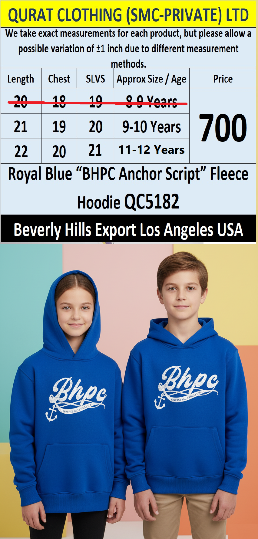 Royal Blue “BHPC Anchor Script” Fleece Hoodie QC5182 – Beverly Hills Export Los Angeles USA