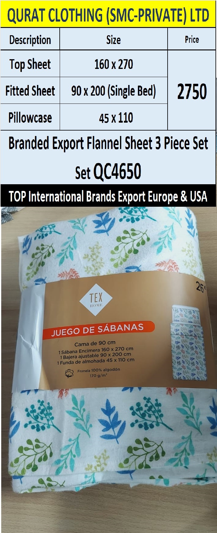Top Intl Brand Flannel Fabric Top Sheet + Fitted Sheet + Pillow Case QC4650 Export Europe & USA