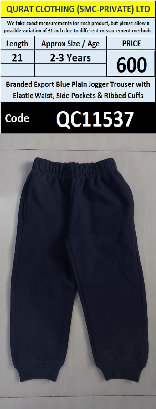 Branded Export Blue Plain Jogger Trouser with Elastic Waist, Side Pockets & Ribbed Cuffs QC11537