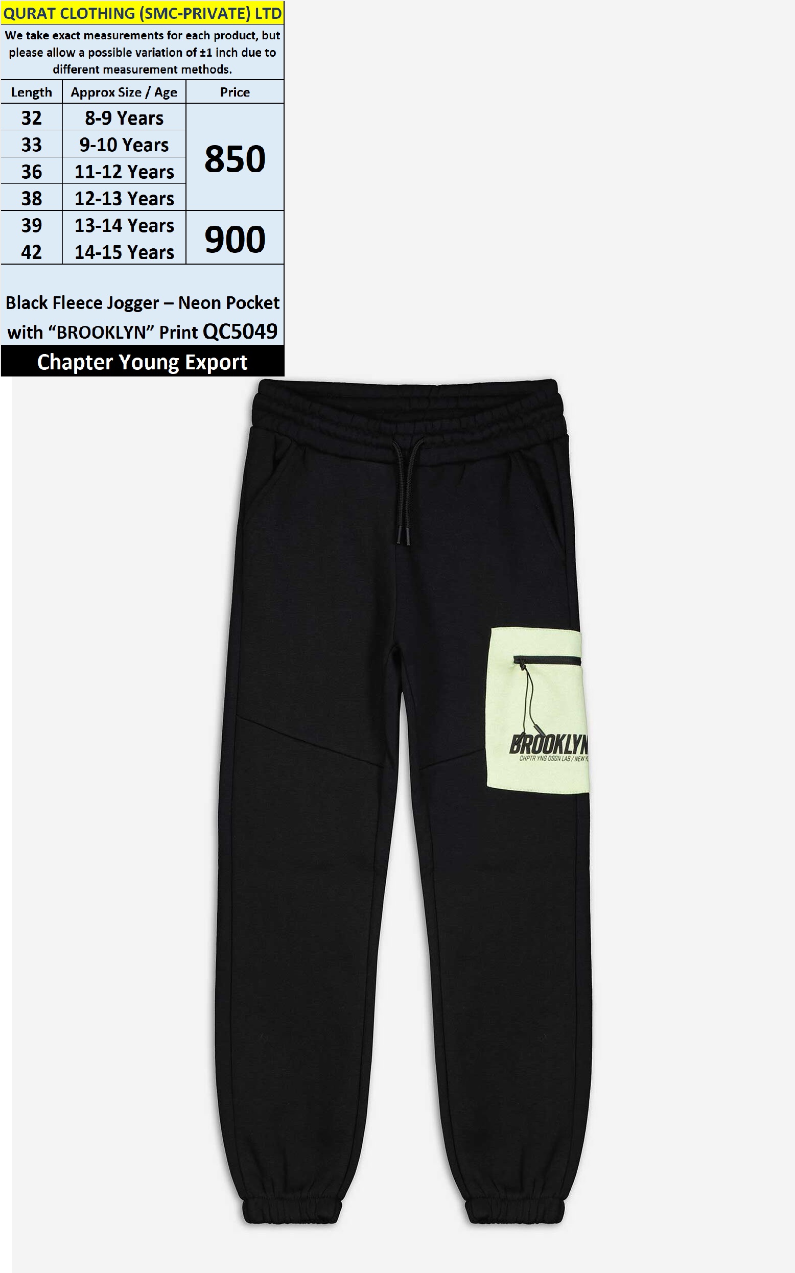 Black Fleece Jogger “BROOKLYN” Print with Neon Pocket Trouser QC5049 – Chapter Young