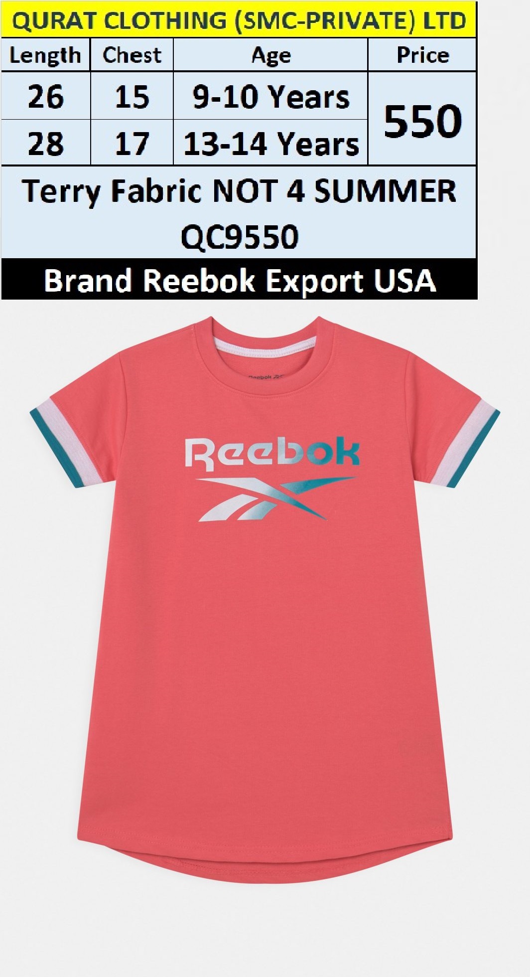 Reebok Brand Terry T-Shirt QC9550 Export USA (not for Summer) 