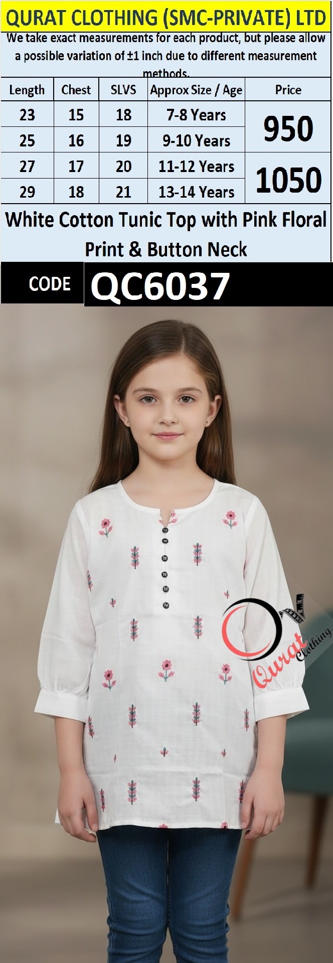White Cotton Tunic Top with Pink Floral Print & Button Neck for Girls – QC6037