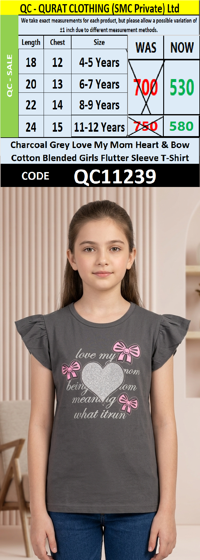 Charcoal Grey Love My Mom Heart & Bow Graphic Printed Cotton Blended Girls Flutter Sleeve T-Shirt QC11239