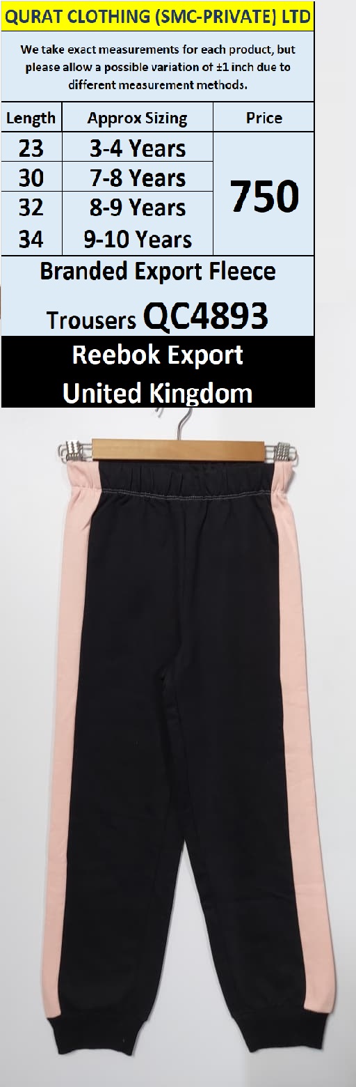 Reebok QC4893 Kids Black Fleece Jogger Trousers with Pink Side Panels – UK Export