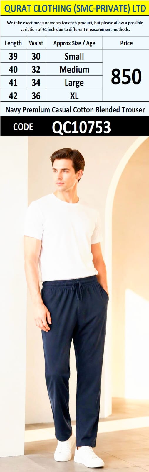 Navy Premium Casual Cotton Blended Trouser QC10753