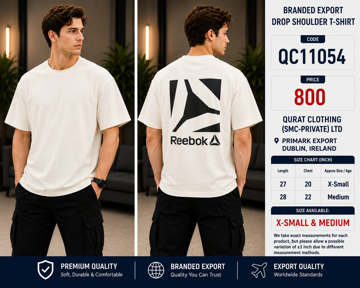 Off White Reebok Back Print Branded Export Drop Shoulder T-Shirt QC11054 – Primark Export Dublin Ireland