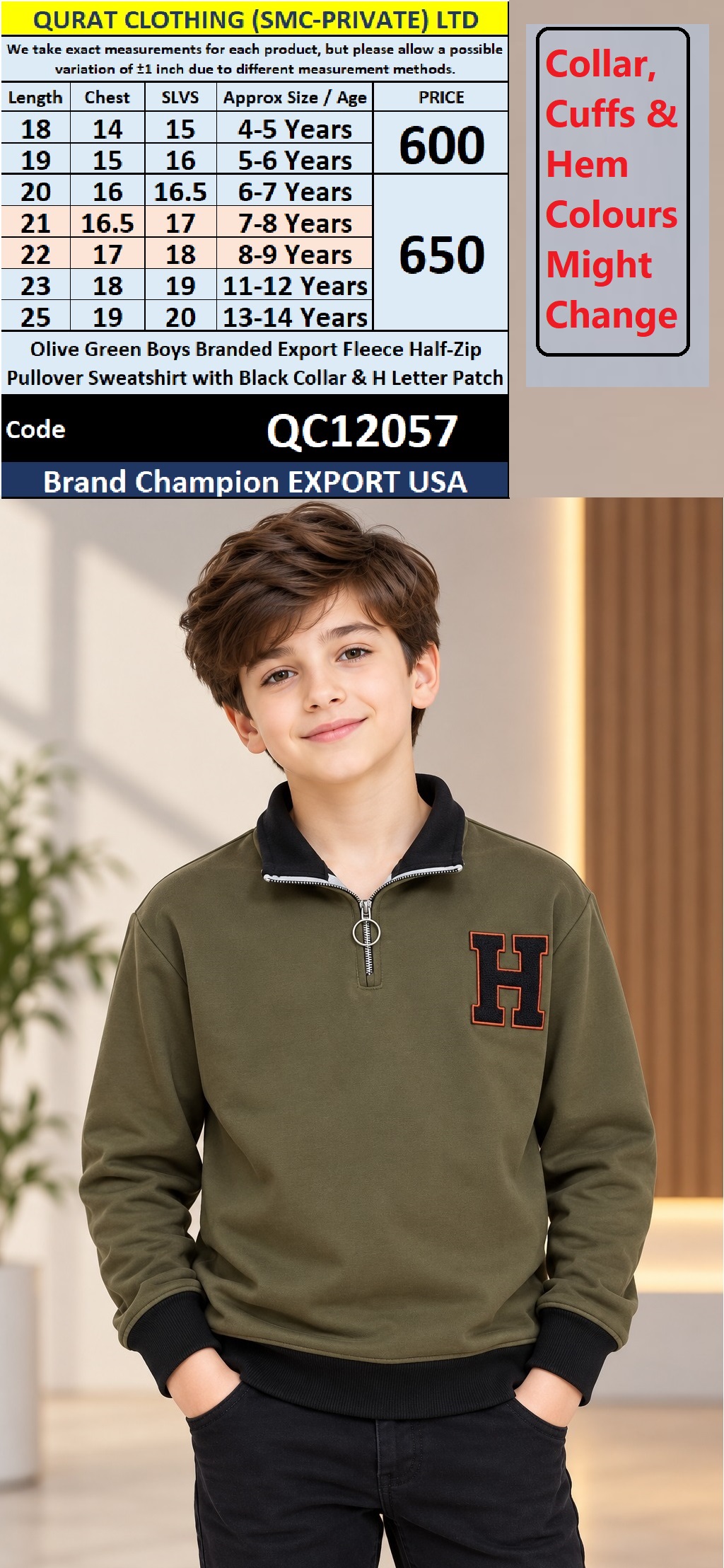 Olive Green Boys Branded Export Fleece Half-Zip Pullover Sweatshirt with Black Collar & H Letter Patch – Champion Export USA – QC12057