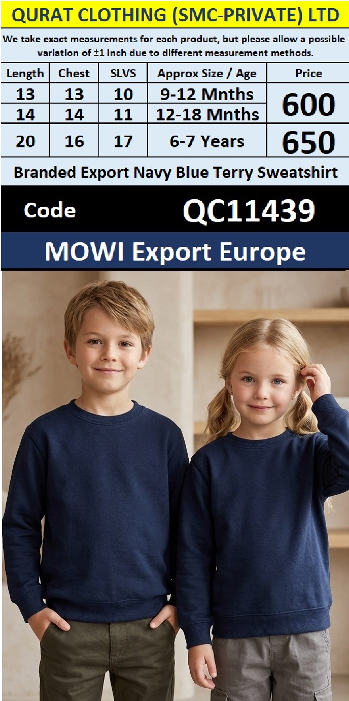 MOWI Export Europe Branded Navy Blue Terry Sweatshirt – Unisex Kids – QC11439