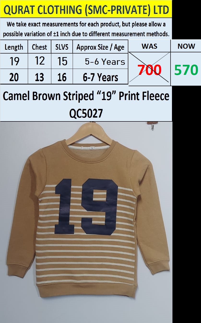 Camel Brown Striped “19” Print Fleece Sweatshirt QC5027