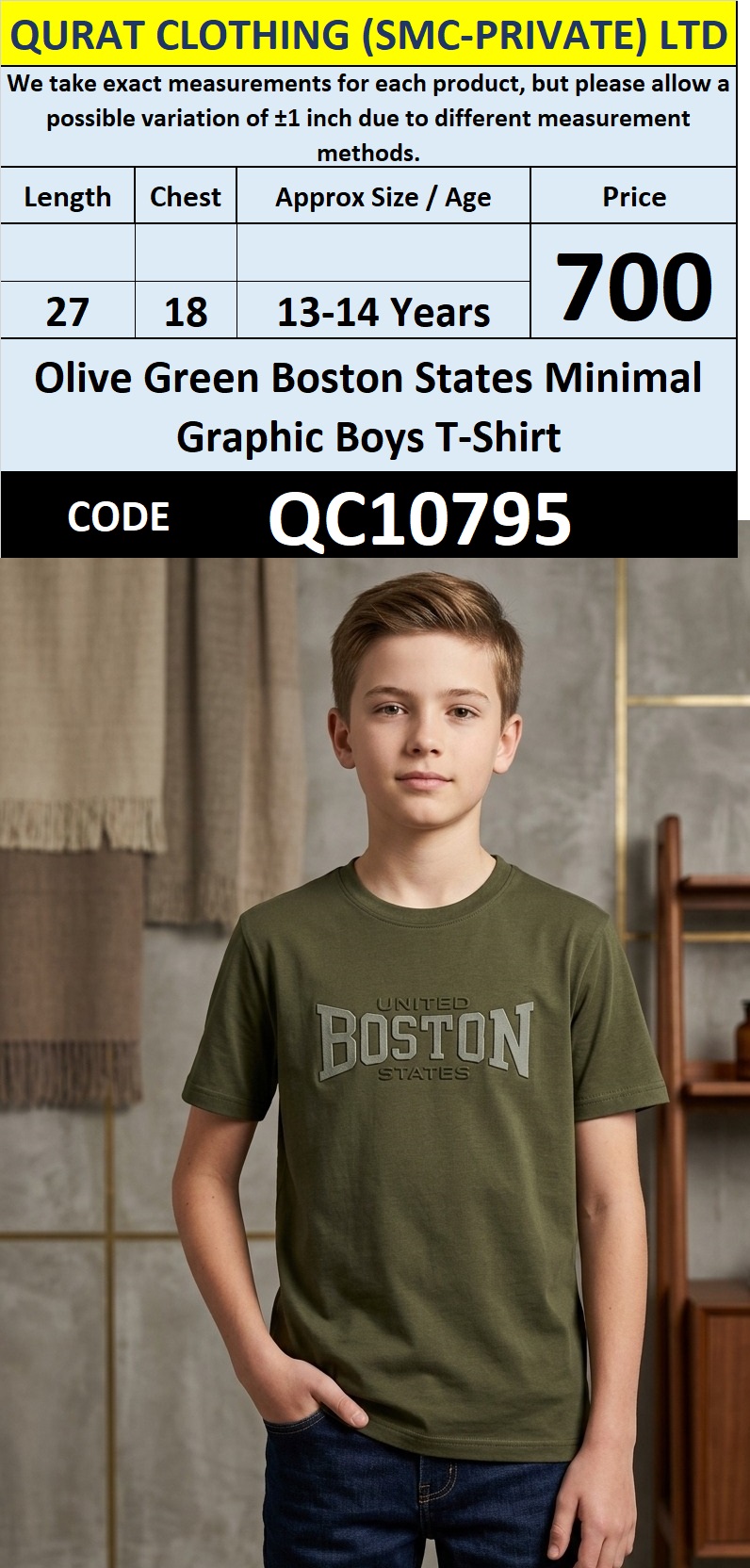 Olive Green Boston States Minimal Graphic Boys T-Shirt QC10795
