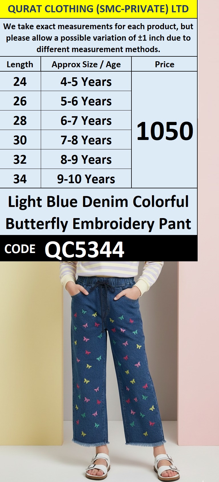 Light Blue Denim Colorful Butterfly Embroidery Pant QC5344