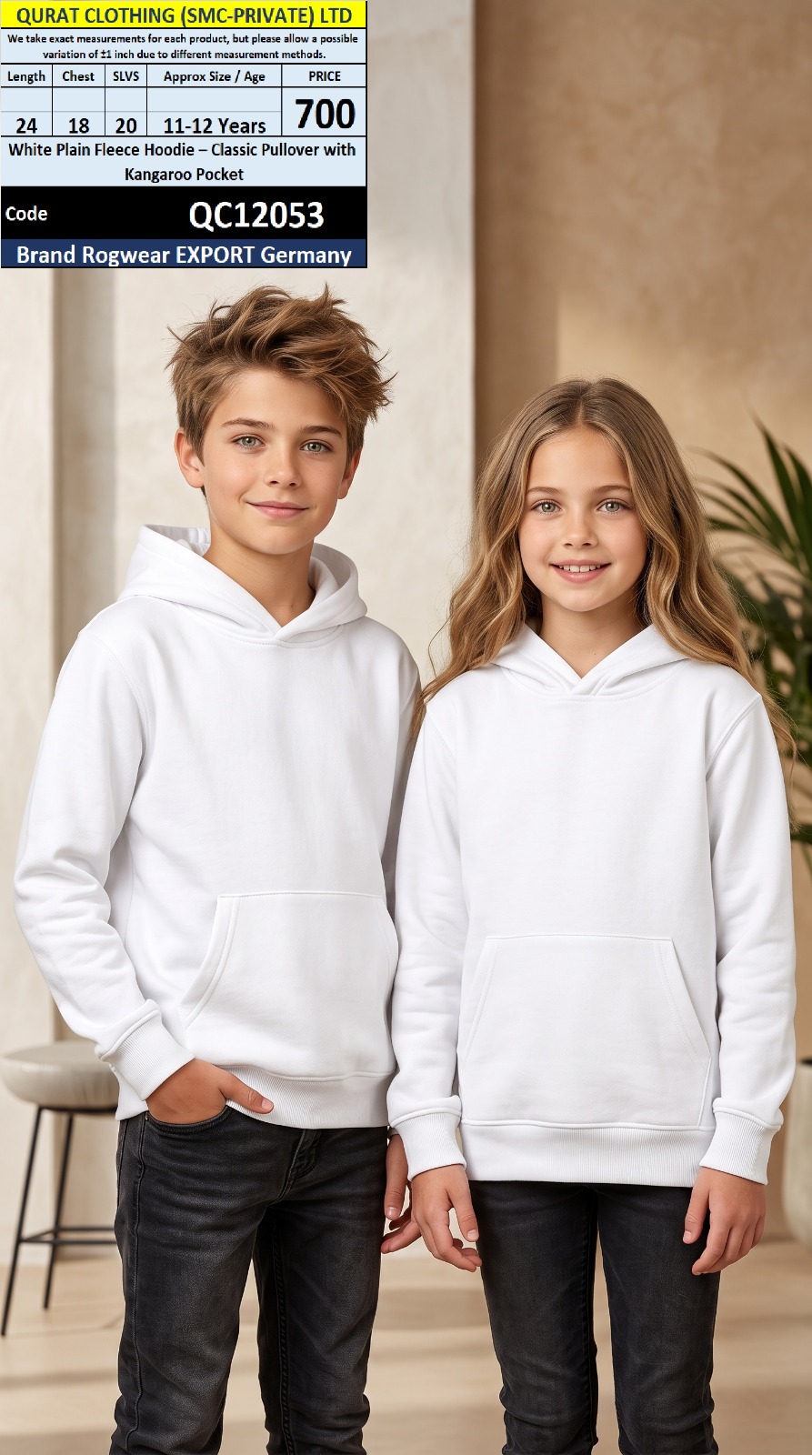 White Plain Fleece Hoodie – Classic Pullover with Kangaroo Pocket – Rogwear Export Germany – QC12053