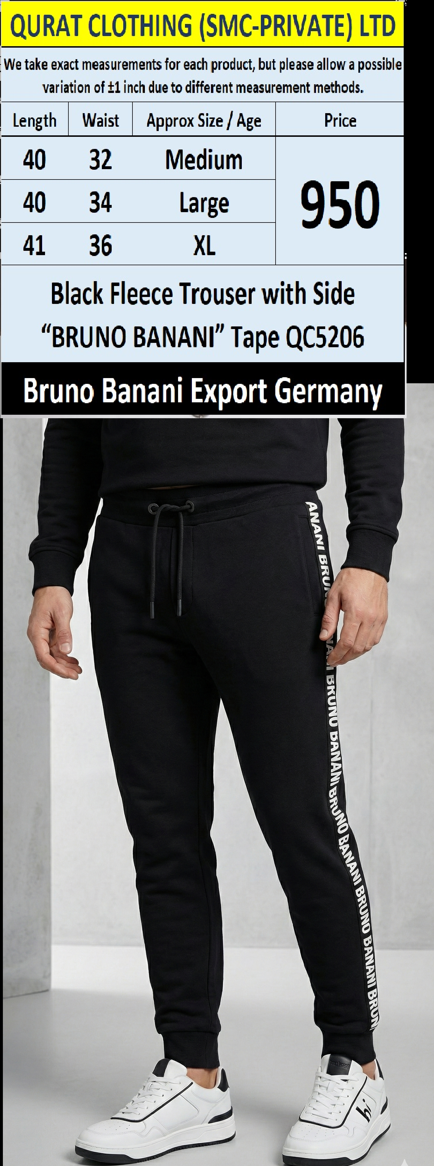 Black Fleece Trouser with Side “BRUNO BANANI” Tape QC5206 – Export Germany