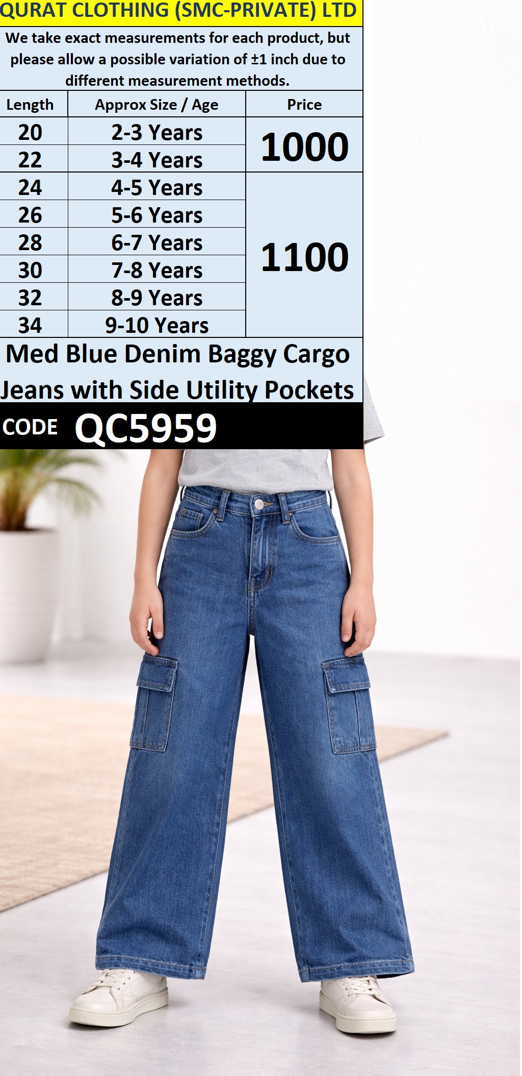 Medium Blue Cotton Denim Baggy Cargo Jeans with Side Utility Pockets – QC5959
