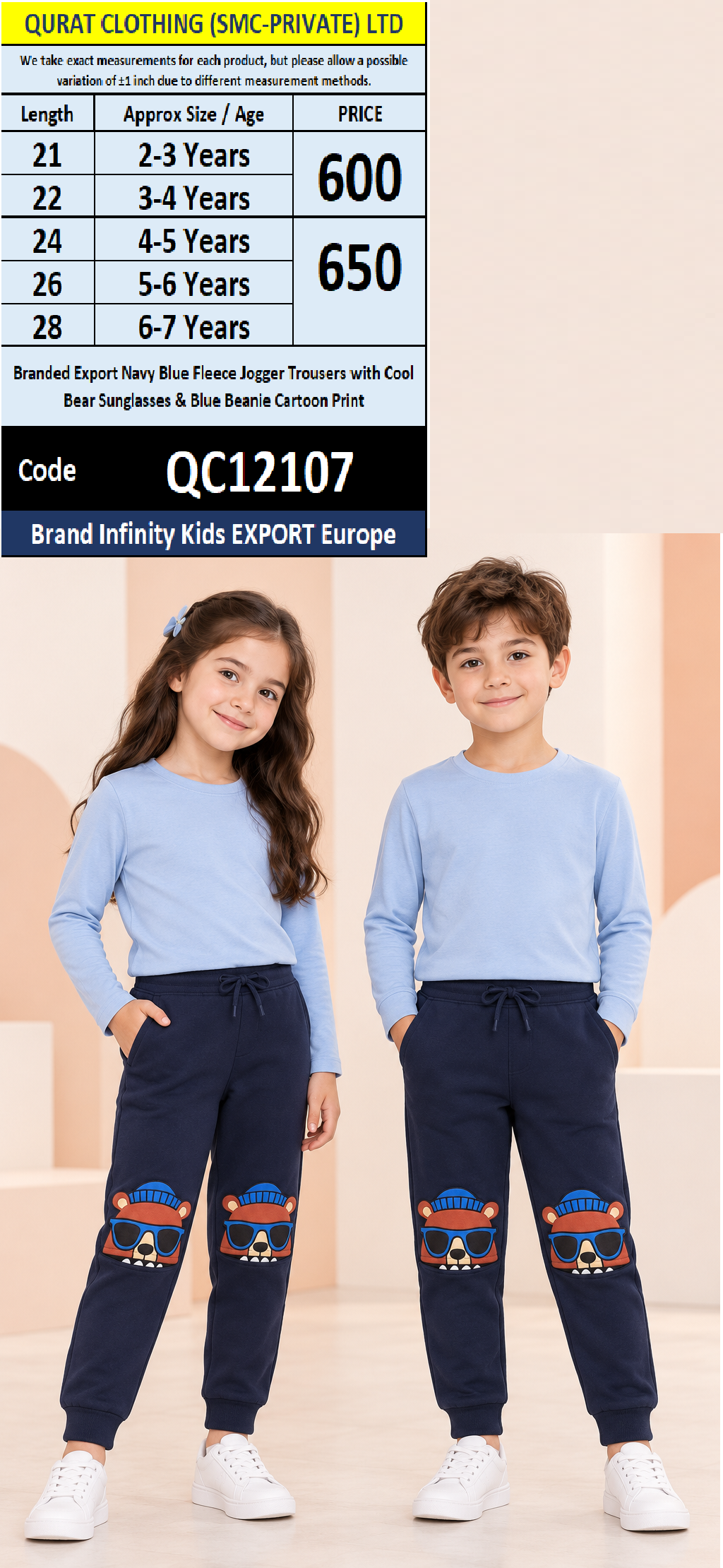 Branded Export Navy Blue Fleece Jogger Trousers with Cool Bear Sunglasses & Blue Beanie Cartoon Print – Infinity Kids Export Europe – QC12107