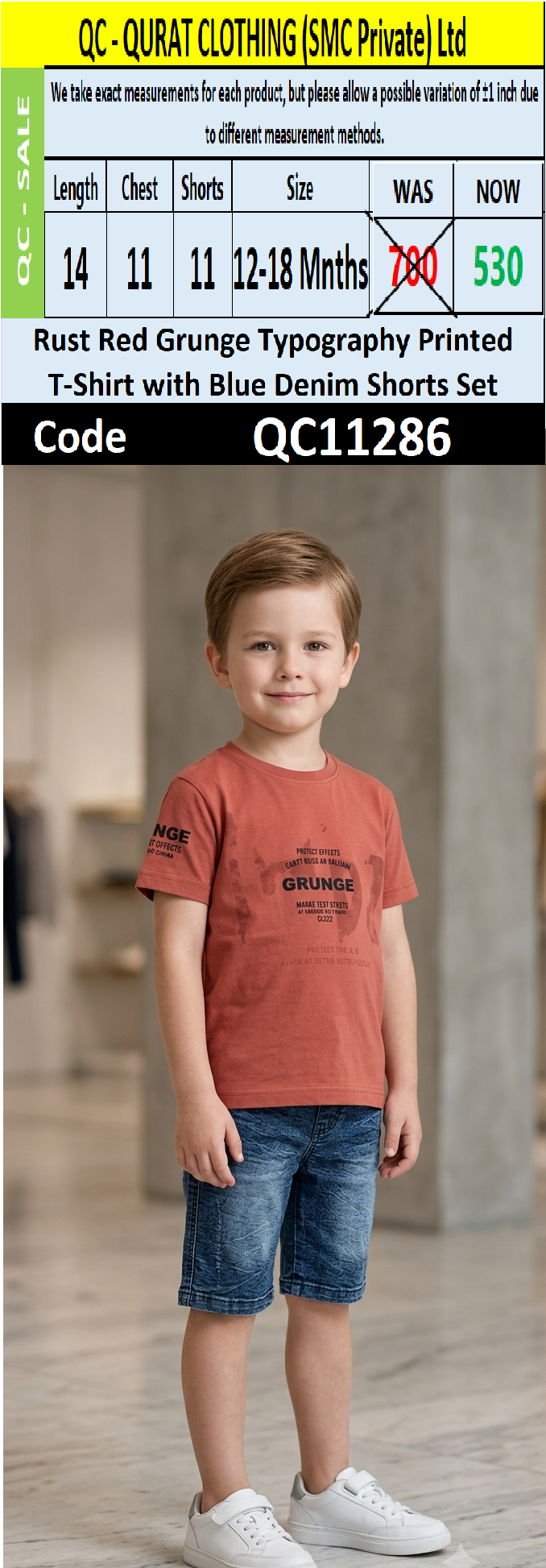Rust Red Grunge Typography Printed T-Shirt with Blue Denim Shorts Set – QC11286