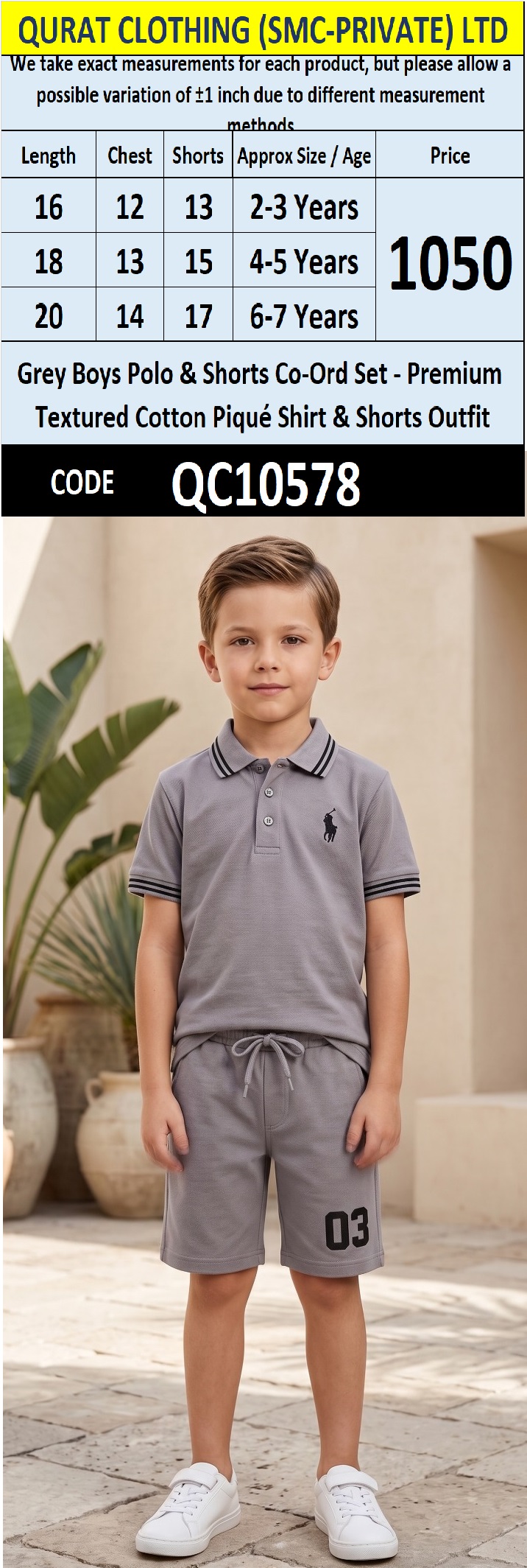 Grey Boys Polo & Shorts Co-Ord Set – Premium Textured Cotton Piqué Shirt & Shorts Outfit QC10578