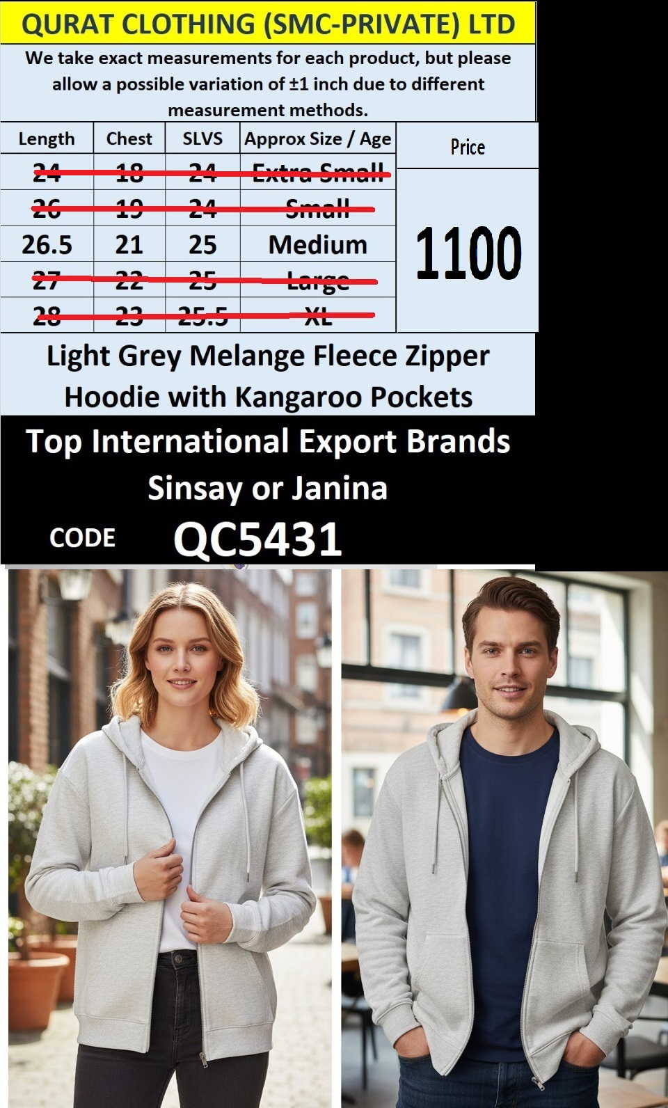 Light Grey Melange Fleece Zipper Hoodie with Kangaroo Pockets QC5431