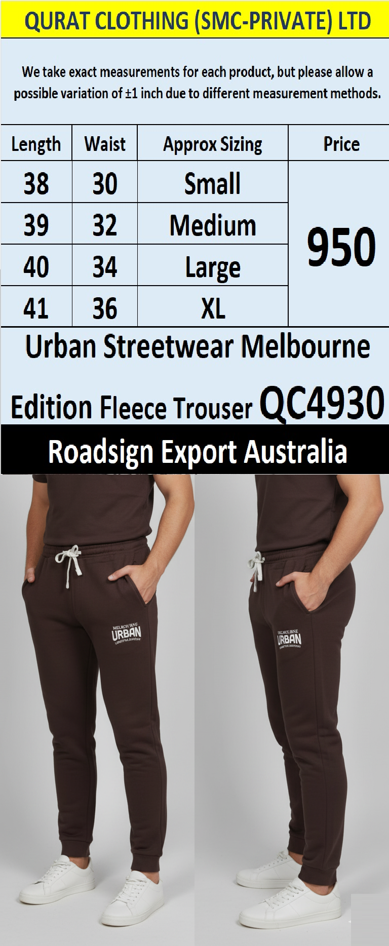Roadsign Brand “Urban Streetwear Melbourne Edition” Fleece Trouser QC4930 – Export Australia
