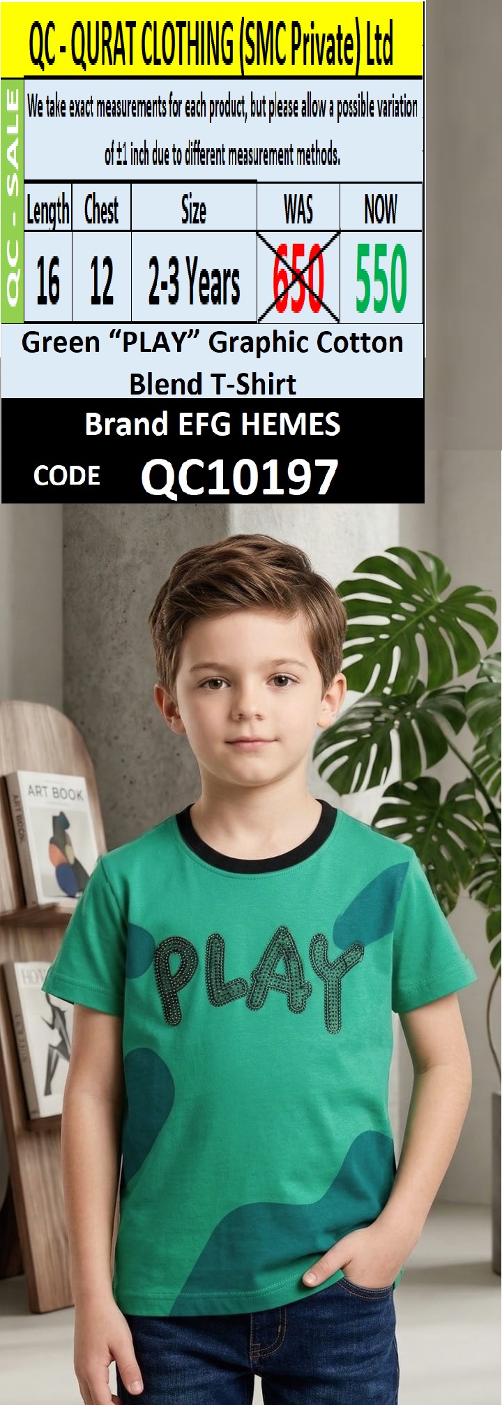Green “PLAY” Graphic Cotton Blend T-Shirt – Brand EFG HEMES – QC10197