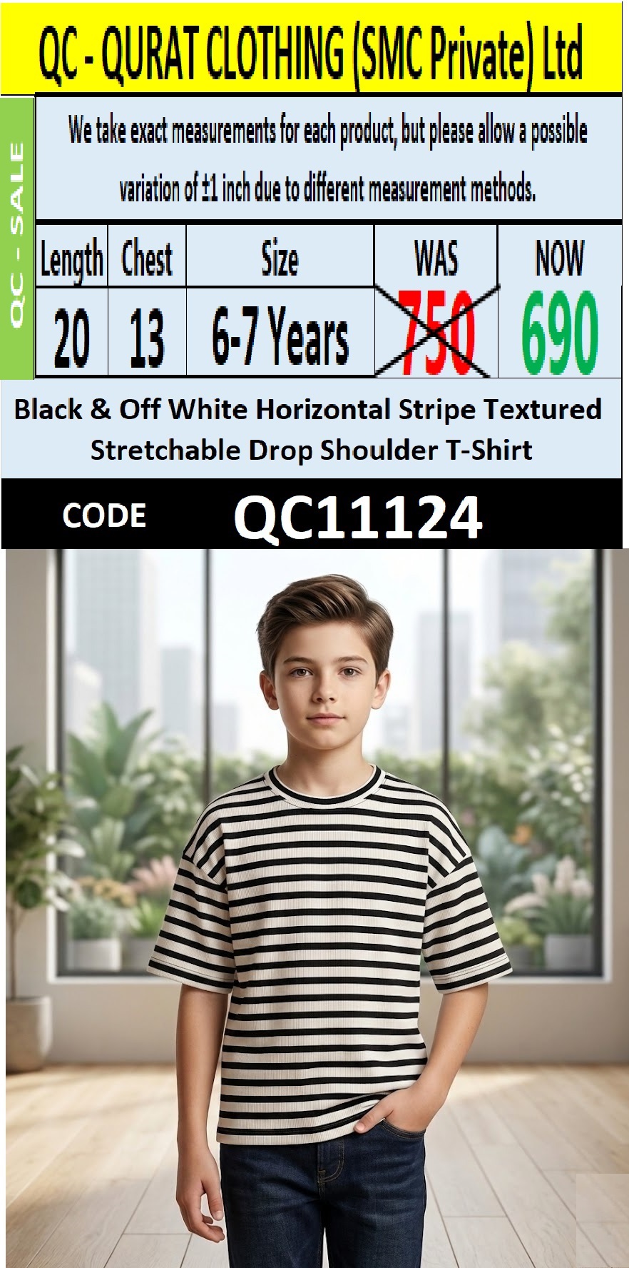 Black & Off White Horizontal Stripe Textured Stretchable Drop Shoulder T-Shirt QC11124