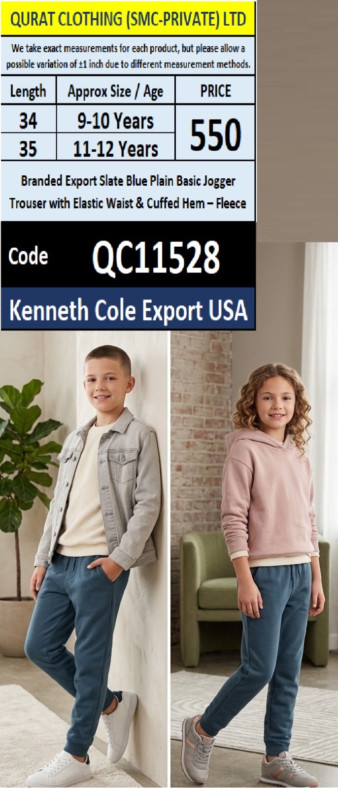 Kenneth Cole Export USA Branded Slate Blue Plain Basic Jogger Trouser with Elastic Waist & Cuffed Hem – Fleece – QC11528