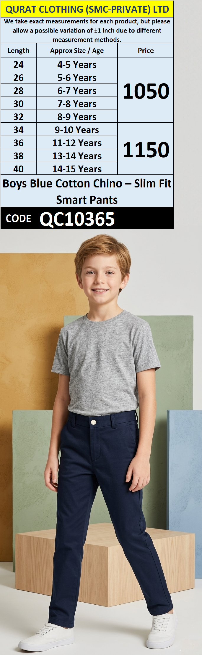 Boys Blue Cotton Chino – Slim Fit Smart Pants QC10365