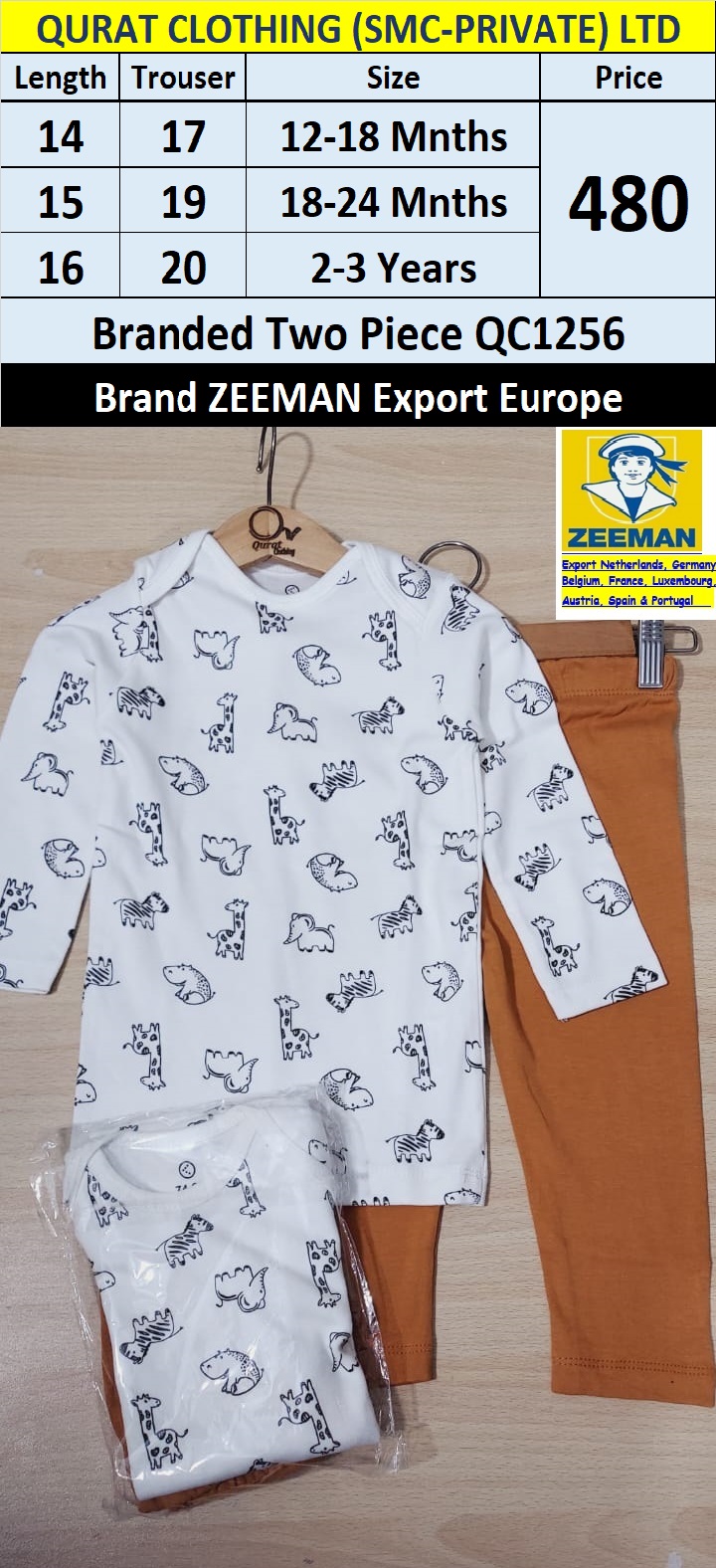 Zeeman Brand Cute Animals Print Two Piece Suit QC1256 Export Europe 