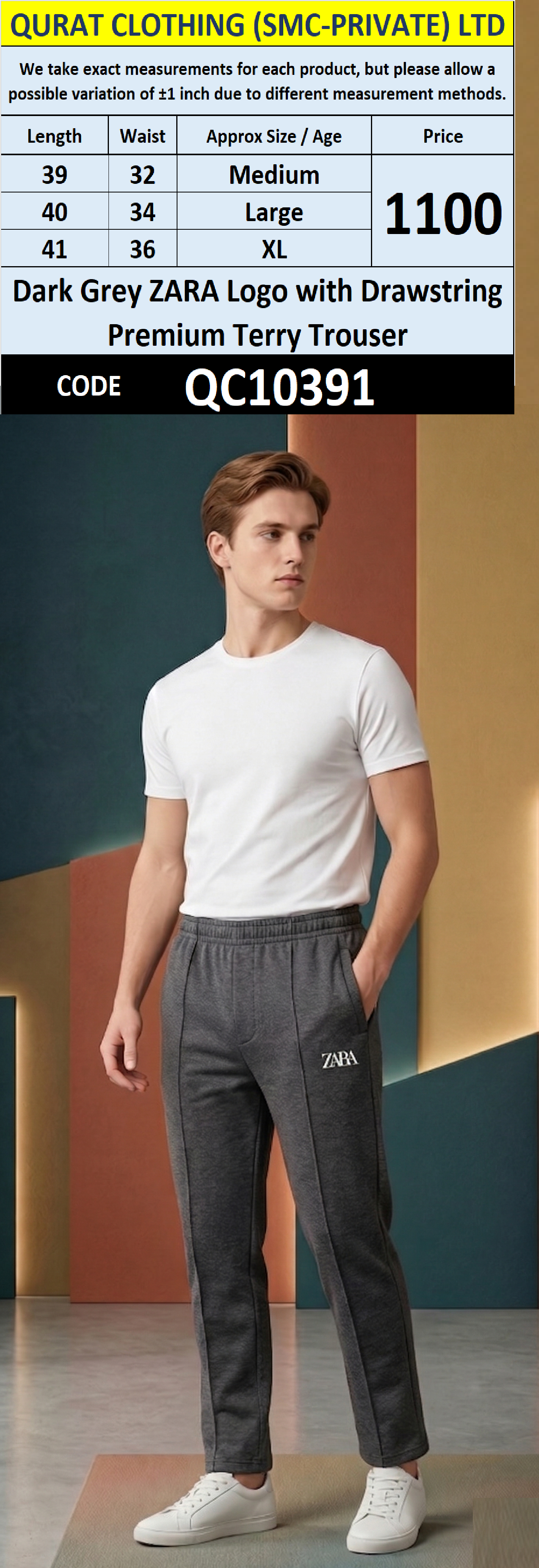 Dark Grey ZARA Logo with Drawstring Premium Terry Trouser QC10391
