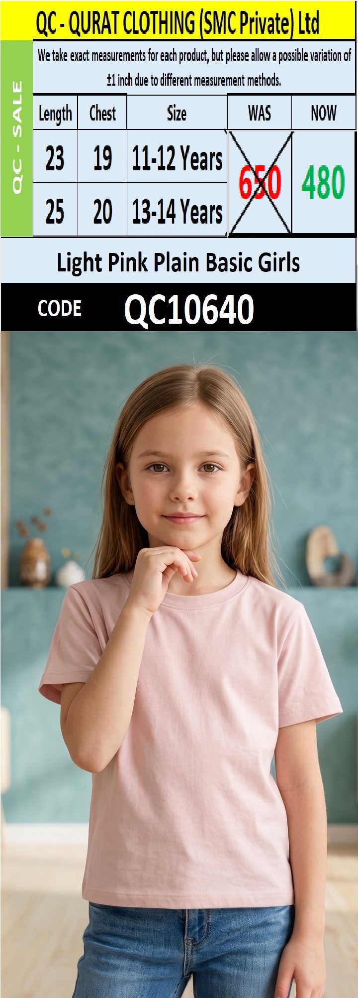 Light Pink Plain Basic Girls T-Shirt QC10640
