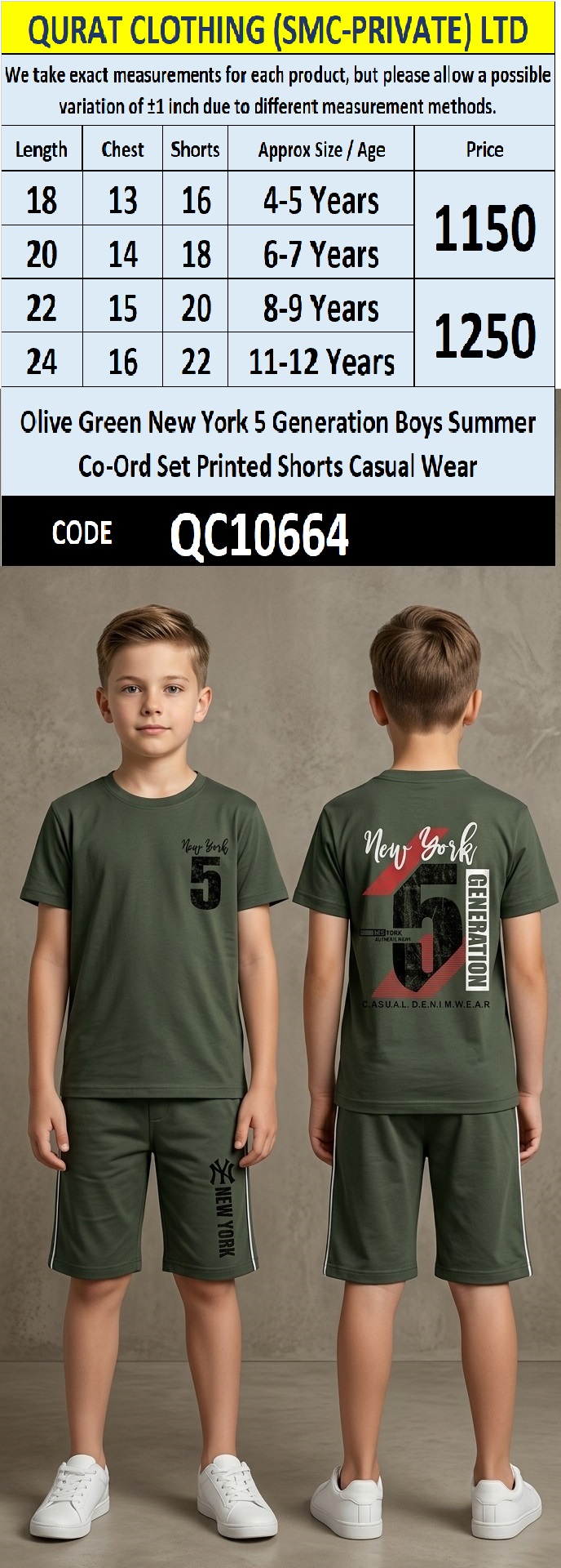 Olive Green New York 5 Generation Boys Summer Co-Ord Set Printed Shorts Casual Wear QC10664