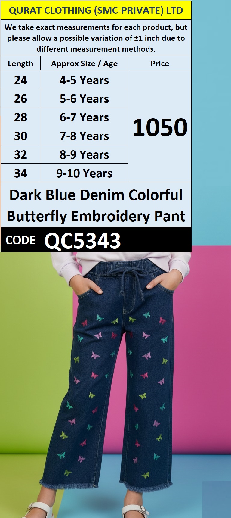 Dark Blue Denim Colorful Butterfly Embroidery Pant QC5343