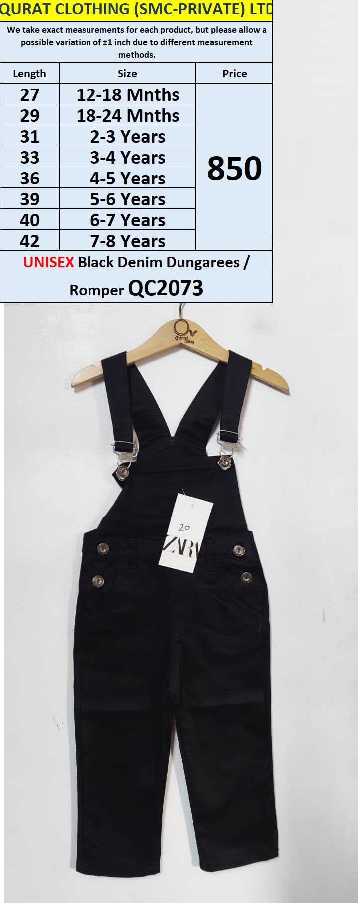 Unisex Black Denim Dungarees / Romper QC2073