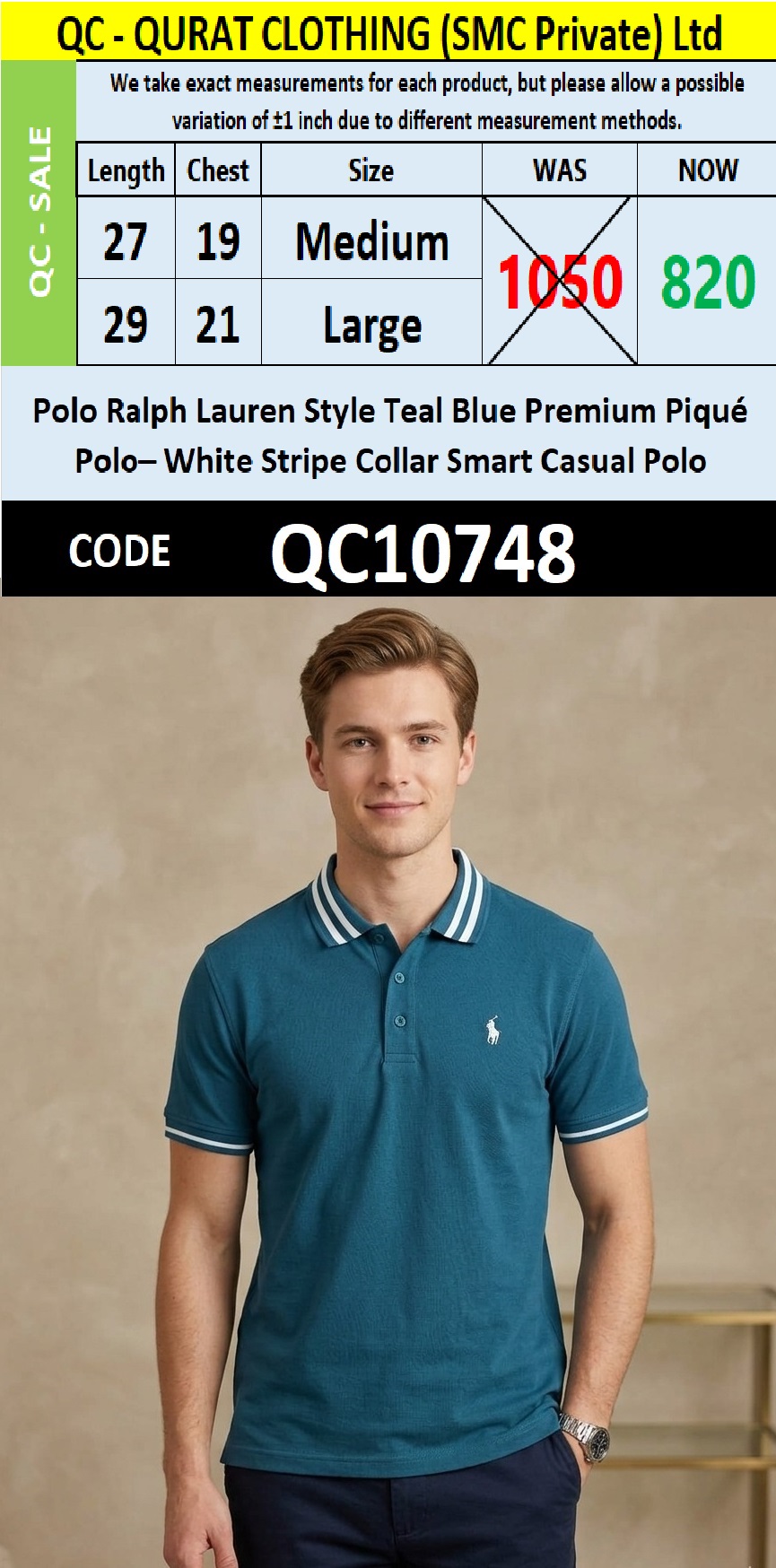 Polo Ralph Lauren Style Teal Blue Premium Piqué Polo – White Stripe Collar Smart Casual Polo QC10748