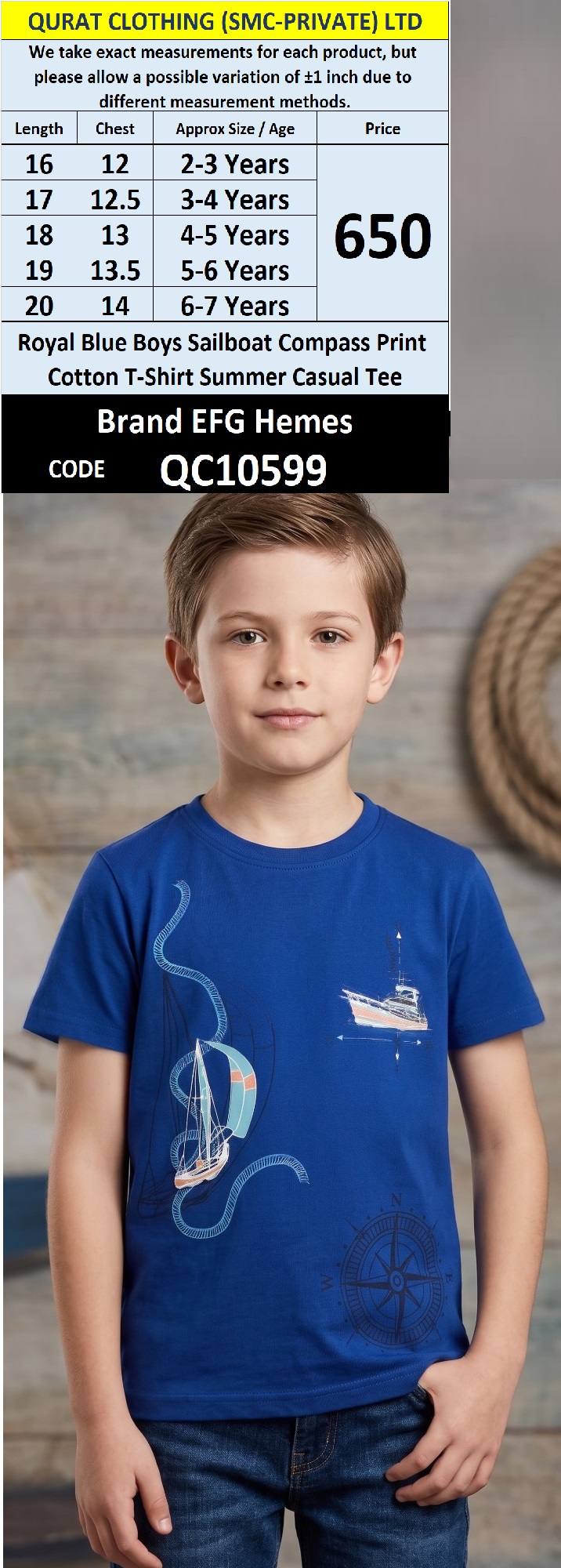 Royal Blue Boys Sailboat Compass Print Cotton T-Shirt Summer Casual Tee – QC10599