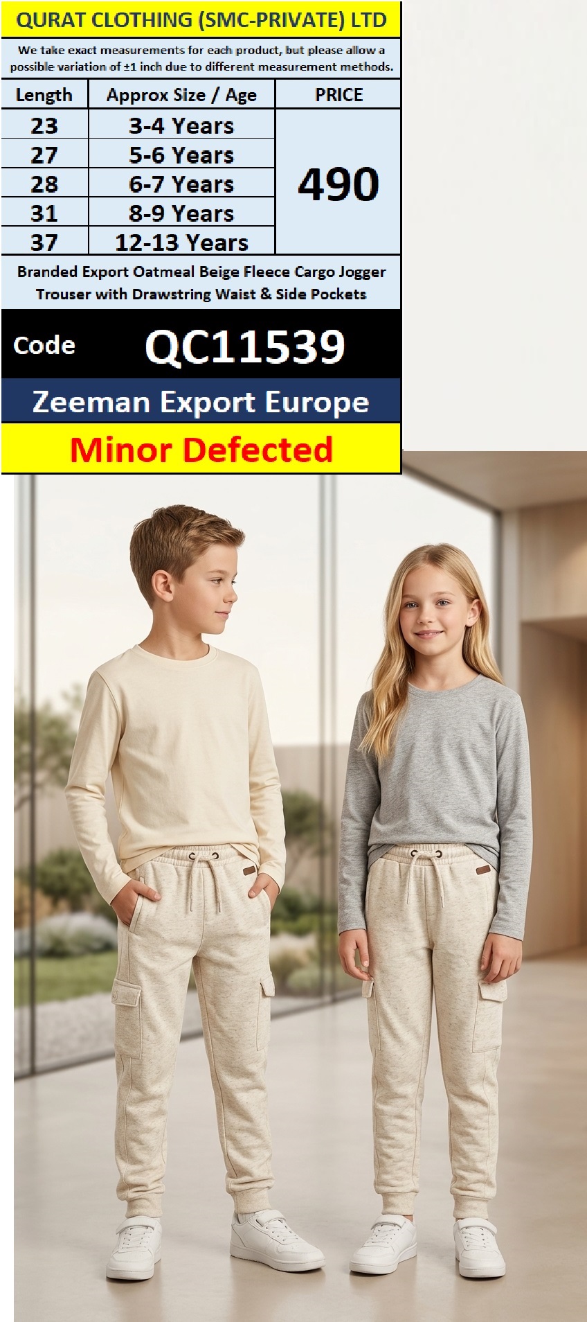 Zeeman Export Europe Branded Oatmeal Beige Fleece Cargo Jogger Trouser with Drawstring Waist & Side Pockets – Minor Defected – QC11539